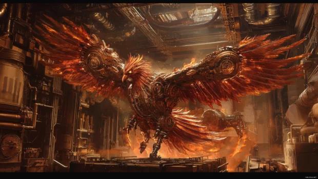 Mechanical phoenix reborn in a steampunk forge.