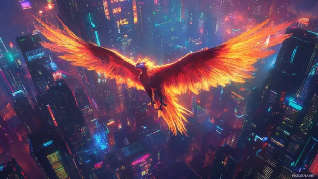 Mechanical phoenix rising above neon buildings as lights ripple below.