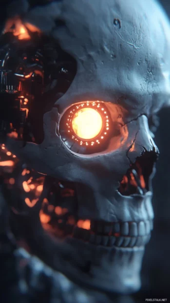 Mechanical skull eye sockets glowing through static.