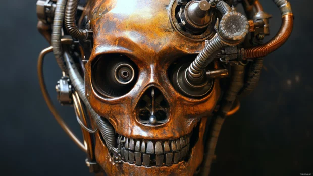 Mechanical skull face fused with industrial pipes.