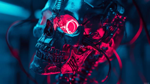 Mechanical skull with wires coiled around glowing jaw.