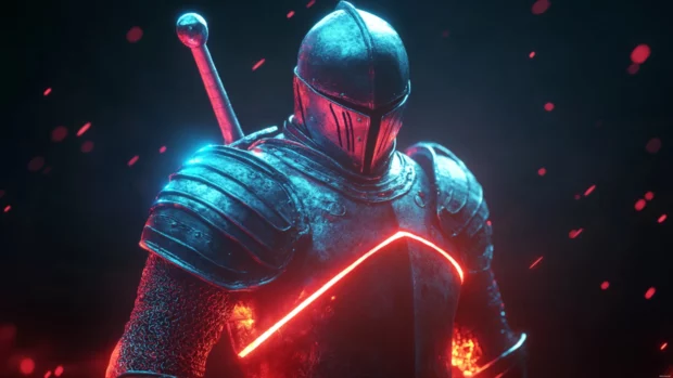 Medieval knight in stylized armor with glowing accents.