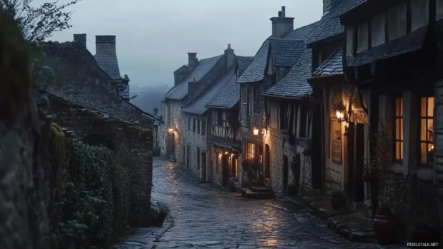 Medieval village at twilight with lit windows and cobblestone roads.