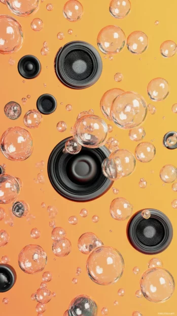 Melody bubbles rising from tiny illustrated speakers.