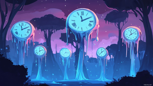Melting cartoon clock faces floating above a forest of bouncing jelly trees.