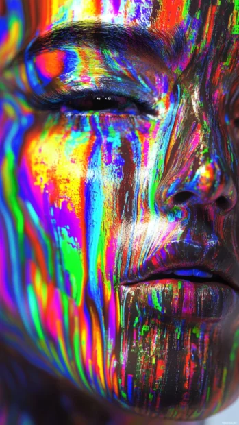 Melting digital face with rainbow spectrum and abstract static glitch, full trippy mood.