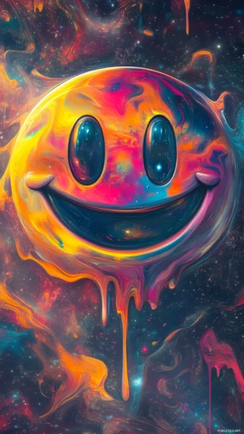 Melting smiley face against cosmic haze, Aesthetic Trippy Wallpaper design for vibrant energy.