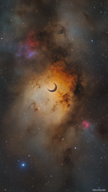 Mesmerizing galaxy, swirling stars, colorful nebulae, glowing crescent moon center.
