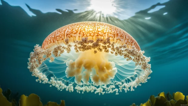 Mesmerizing jellyfish floating serenely in deep blue water, its translucent body illuminated by gentle bioluminescent light.