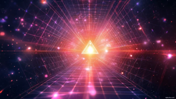 Mesmerizing retrowave scene, neon triangular patterns, glowing sun, deep space backdrop.
