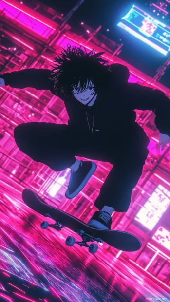 Messy haired anime boy, hoodie, skateboard, performing trick in neon park.