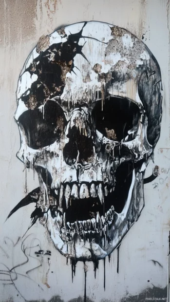 Metal skull cracked open by street slogan graffiti.