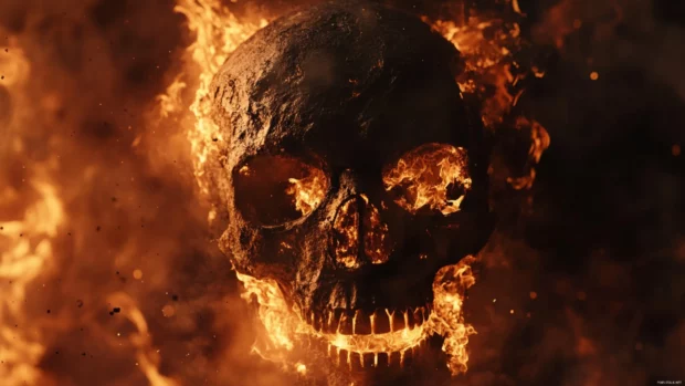 Metal skull wallpaper 4K covered in flames and dark shadows.