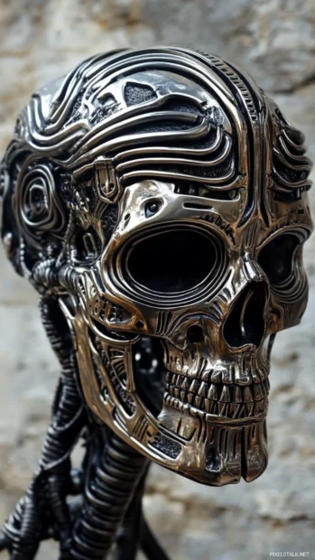 Metal skull with pulse lines flowing from eye sockets.