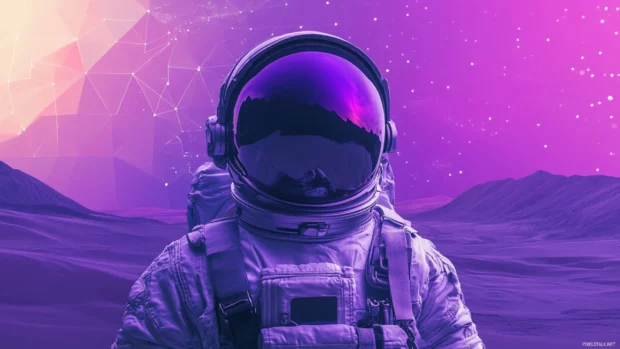 Metallic astronaut staring over purple desert and geometric sky.