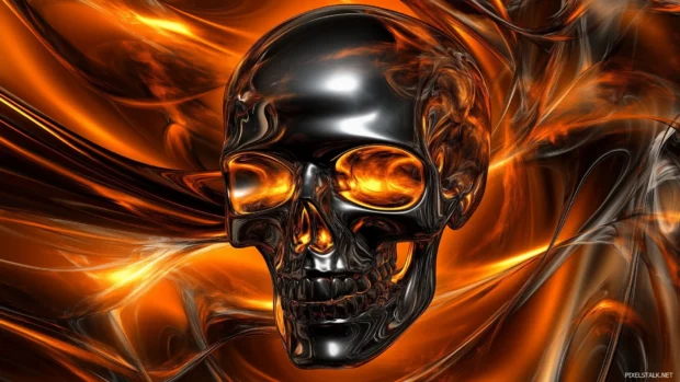 Metallic black skull, fiery reflections, minimalistic abstract elements, modern design.