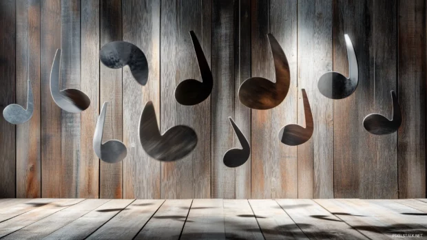 Metallic music notes arranged in air casting soft shadows on wooden surface.
