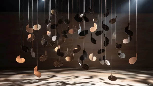 Metallic music notes suspended in air with shadows on wooden background and soft spotlight.