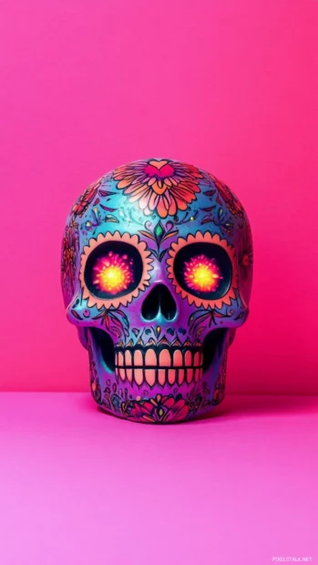Mexican skull wallpaper featuring glowing sugar skull on vibrant pink backdrop.
