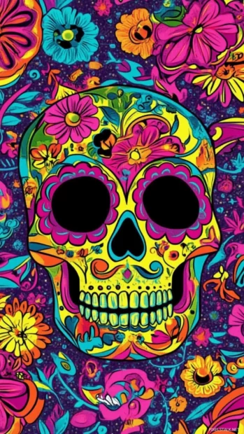 Mexican skull wallpaper in high contrast neon color explosion.