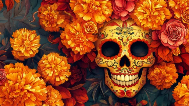 Mexican skull wallpaper in vibrant Day of the Dead style with marigolds.