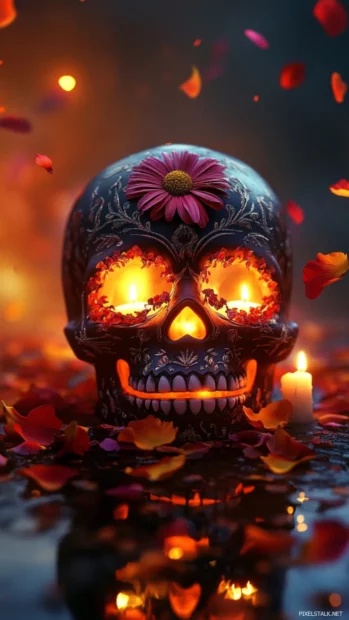 Mexican skull wallpaper with candlelight glow and flower petals.