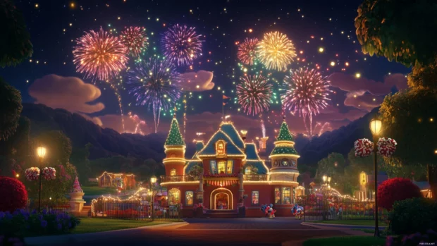 Mickey Mouse Clubhouse during a festive evening with fireworks lighting up the sky.