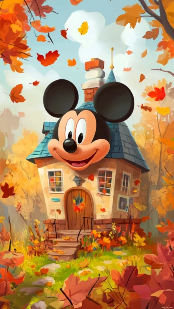 Mickey Mouse Clubhouse in autumn with colorful leaves falling gently.