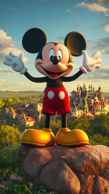 Mickey Mouse Clubhouse seen from the hilltop as Mickey waves from below.