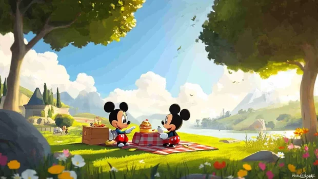 Mickey Mouse Clubhouse wallpaper featuring a sunny picnic scene with Mickey and Minnie.