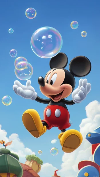 Mickey Mouse Clubhouse where friends blow bubbles into the clear sky.