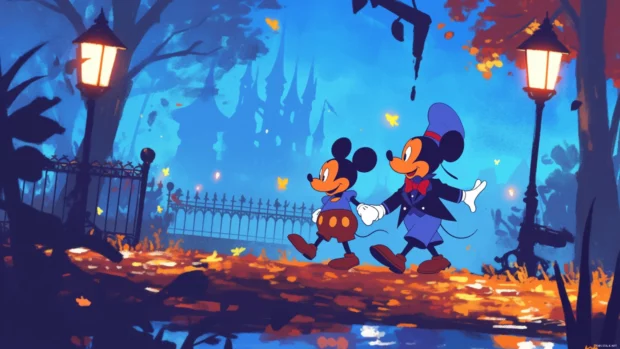 Mickey Mouse and Donald Duck walking through Disneyland at night.