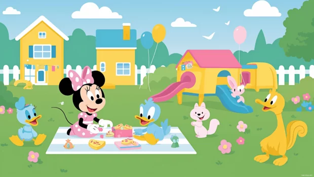 Mickey Mouse and Minnie Mouse at a picnic in a sunny park, with balloons and squirrels.