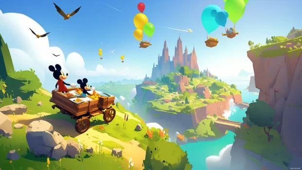 Mickey Mouse and Minnie Mouse enjoying a picnic in a sunny park, surrounded by colorful balloons and friendly squirrels.