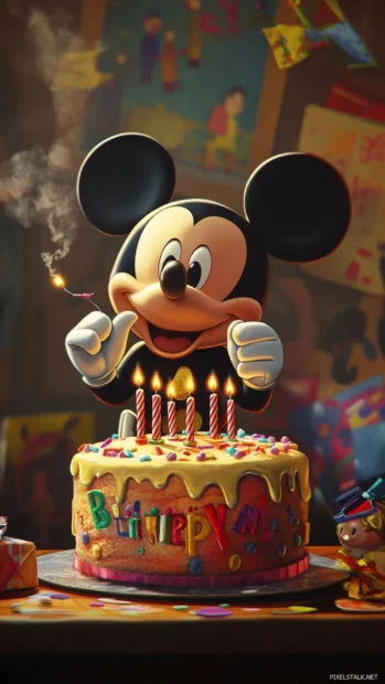Mickey Mouse closes his eyes and makes a wish as he blows out candles on a huge birthday cake.