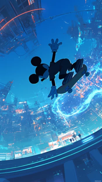 Mickey Mouse doing a backflip over a glowing skate ramp.