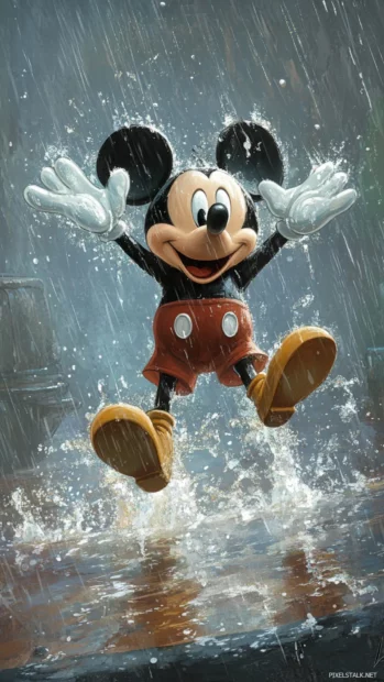 Mickey Mouse jumps joyfully into rain puddles, sending tiny splashes all around.