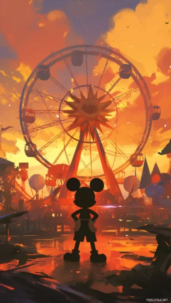 Mickey Mouse standing in front of a glowing ferris wheel at night.