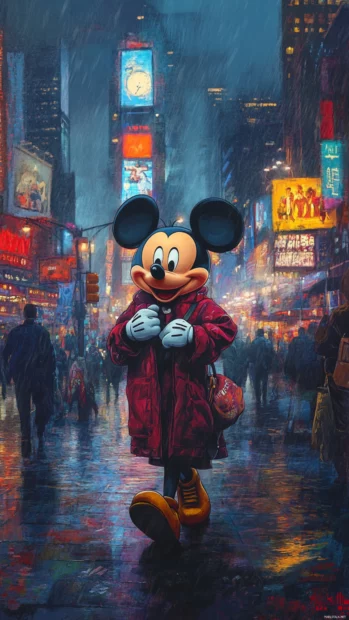 Mickey Mouse strolls cheerfully through a bustling city, surrounded by the hum of life.