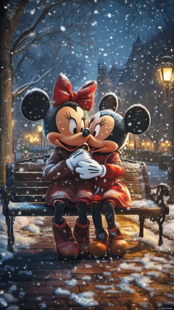Mickey and Minnie Mouse cuddle on a park bench during a light snowfall.