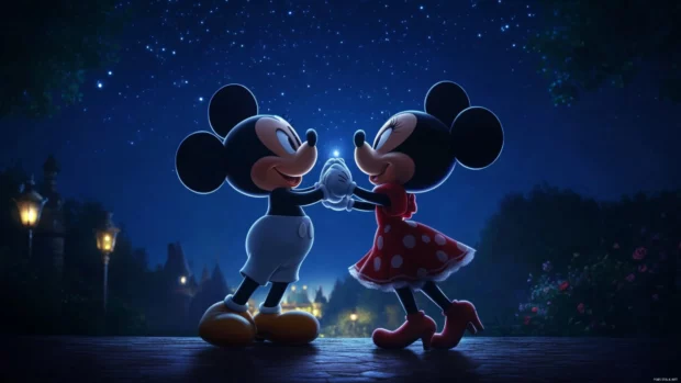 Mickey and Minnie Mouse dancing under the sparkling stars in a peaceful night.