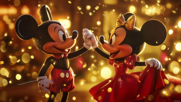 Mickey and Minnie Mouse dress up for a fancy ball, twirling under golden lights.