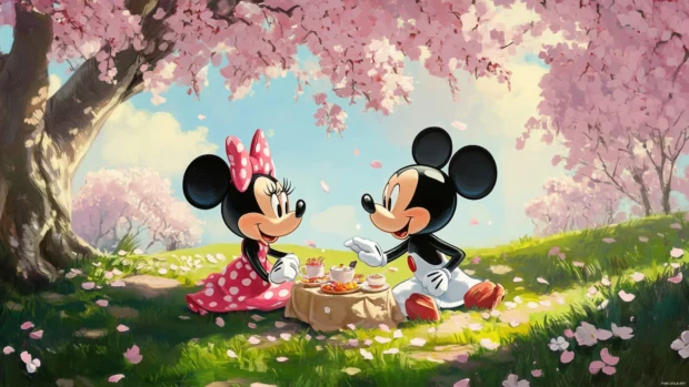 Mickey and Minnie Mouse share a picnic under a cherry blossom tree.