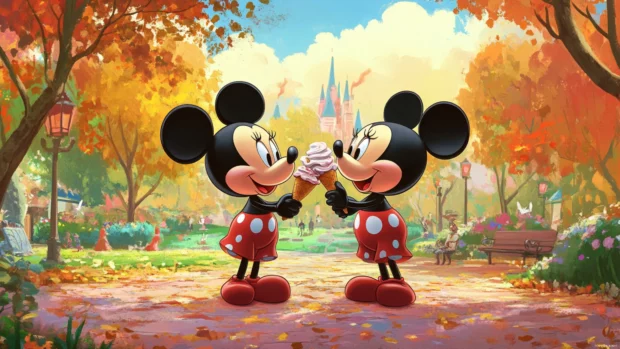 Mickey and Minnie Mouse sharing an ice cream cone in a colorful park.
