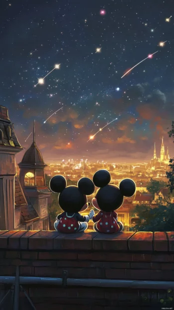 Mickey and Minnie Mouse sit on a rooftop watching shooting stars.