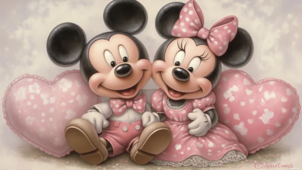 Mickey and Minnie enjoying a picnic, surrounded by balloons and squirrels in a sunny park.