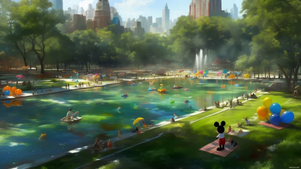 Mickey and Minnie having a picnic in a sunny park with balloons and squirrels.