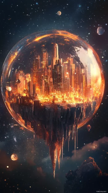 Micro city built inside a glowing crystal orb floating in space.