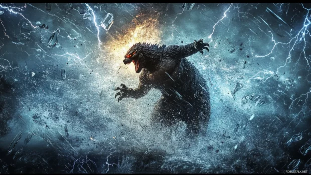 Mid air leap of Godzilla framed by lightning and falling glass.