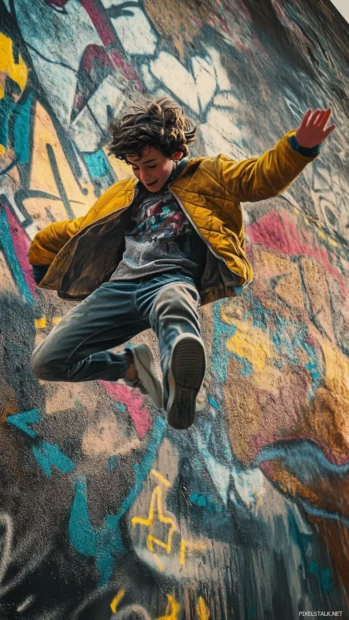 Mid jump, the boys jacket flutters against a digital graffiti backdrop.